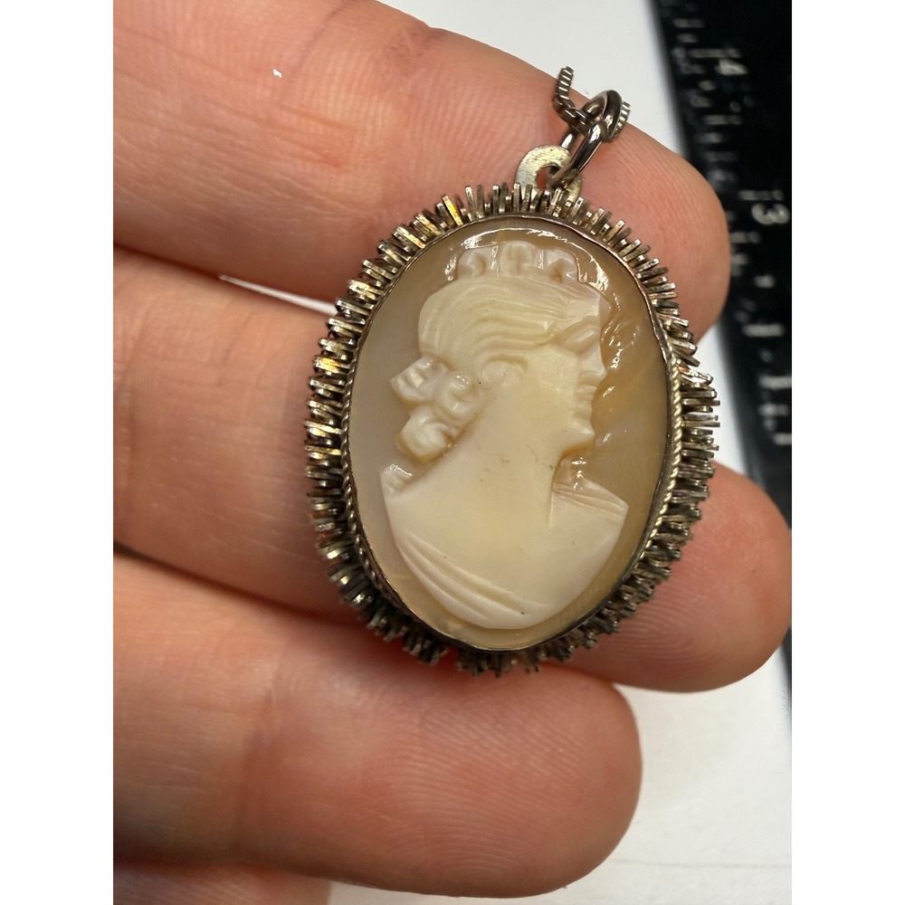 Italian 800 Silver Shell Cameo Pendant Necklace 925 Sterling Box Chain 16in